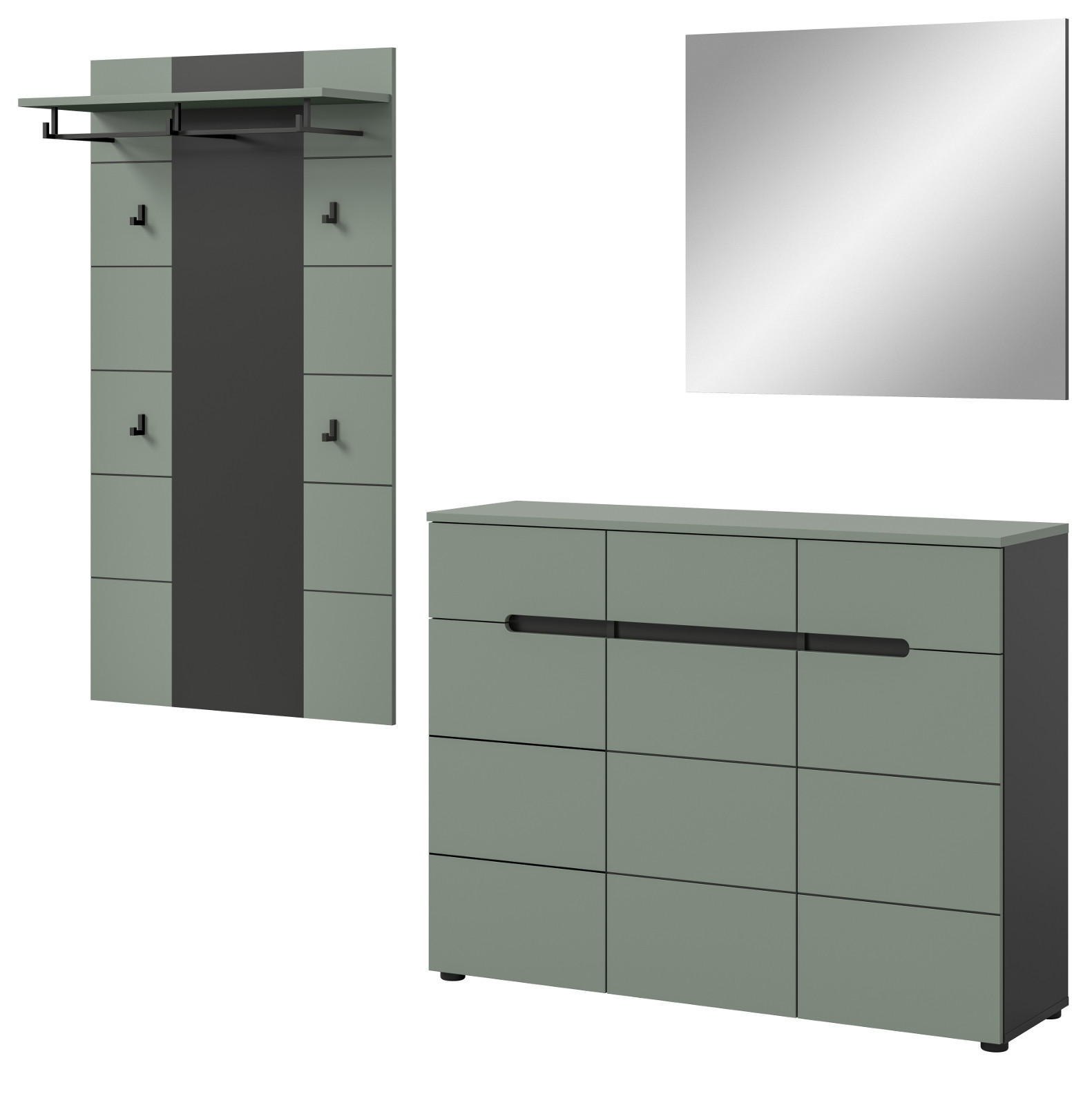 GARDEROBEN-SET 3-teilig Salbei grün, grau 215 cm, Komplettset mit Soft-Close-Funktion - Salbeigrün/Schwarz, Holzwerkstoff/Kunststoff (215/190/37cm) - Inn.Furn