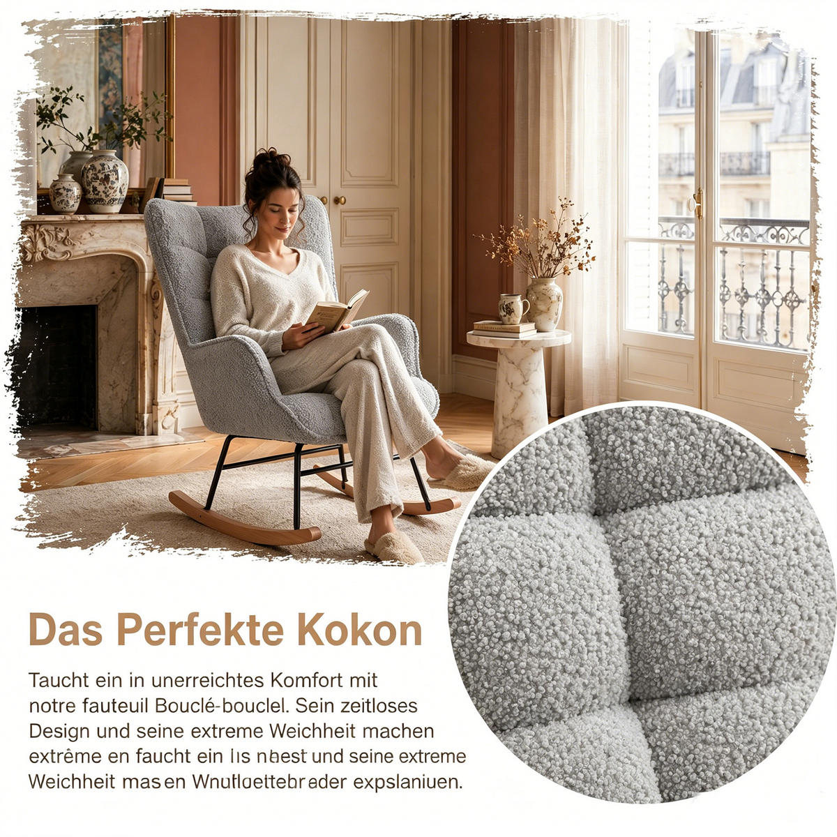 SCHAUKELSTUHL, Entspannend, Teddy-Velours, Belastbarkeit 120 kg, Grau - Grau/Kieferfarben, Holz/Textil (68/92/75cm) - GENKI LIVING