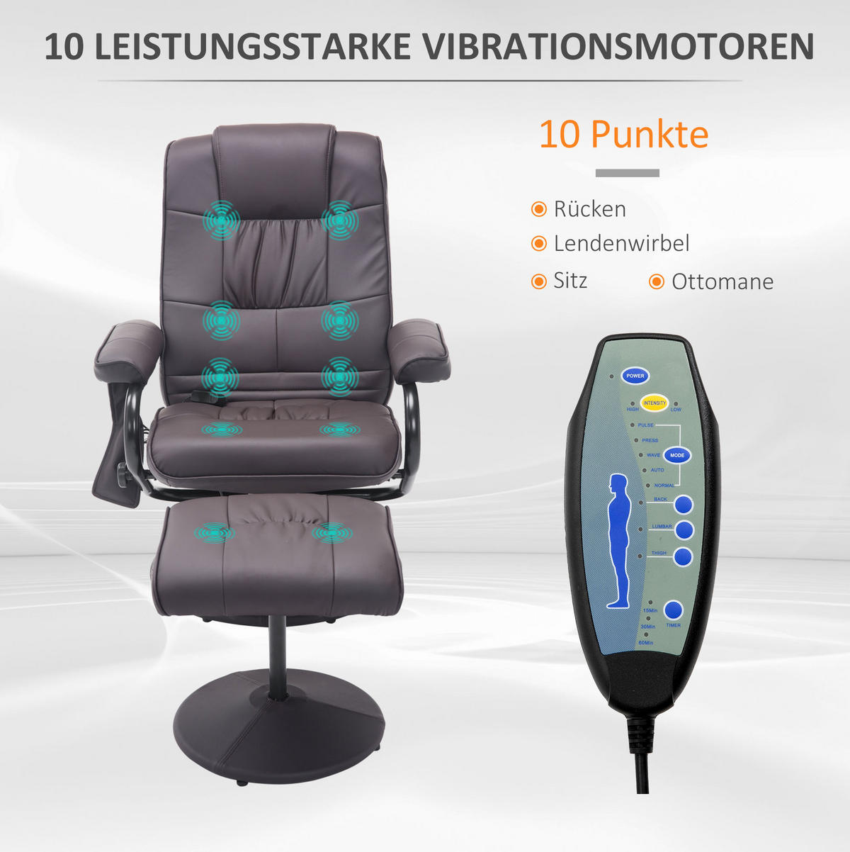 MASSAGESESSEL in Braun mit Hocker, 360° drehbar und frei verstellbarer Rückenlehne,77/84/95 cm - Braun, Metall (77/95/84cm) - Flora Grace