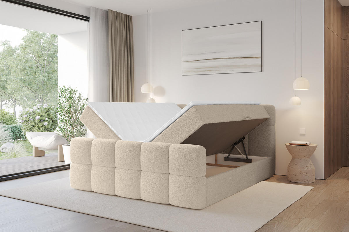 BOXBETT mit Matratze H4 - FAMA-Z - 200x200 cm Dunkelbeige Quelle - Creme, Holzwerkstoff (200/200cm) - ALTDECOR