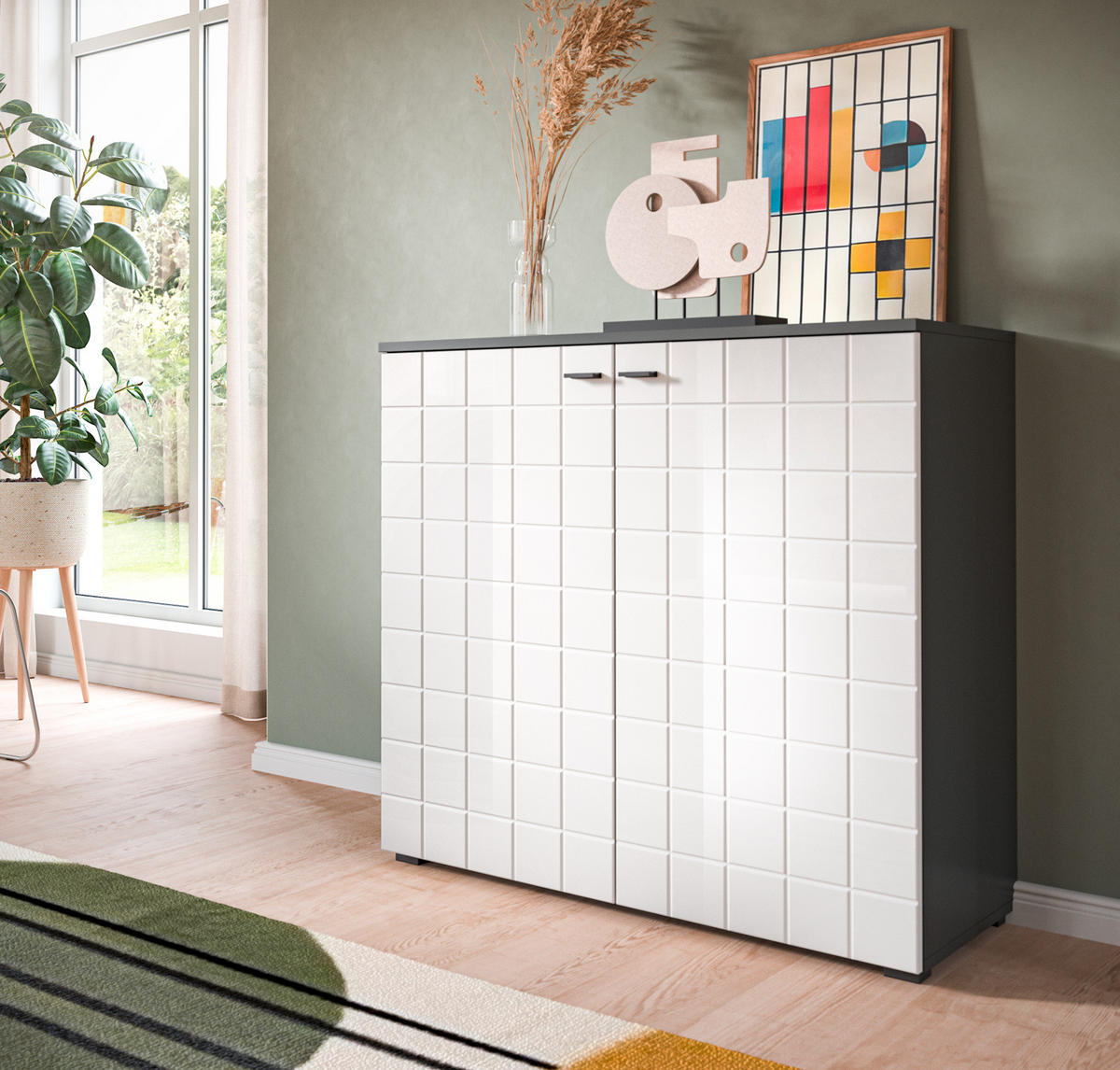 KOMMODE weiß Hochglanz, grau 92 cm, Sideboard mit 6 Fächern - Weiß Hochglanz/Schwarz, Holzwerkstoff/Kunststoff (92/86/37cm) - Inn.Furn