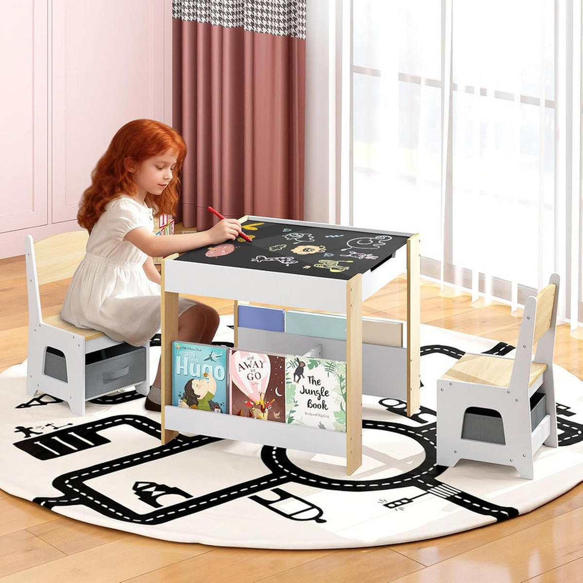 KINDERTISCH mit Stuhl natur(3-tlg) - Naturfarben, Holzwerkstoff (62/56.5/62cm) - COSTWAY