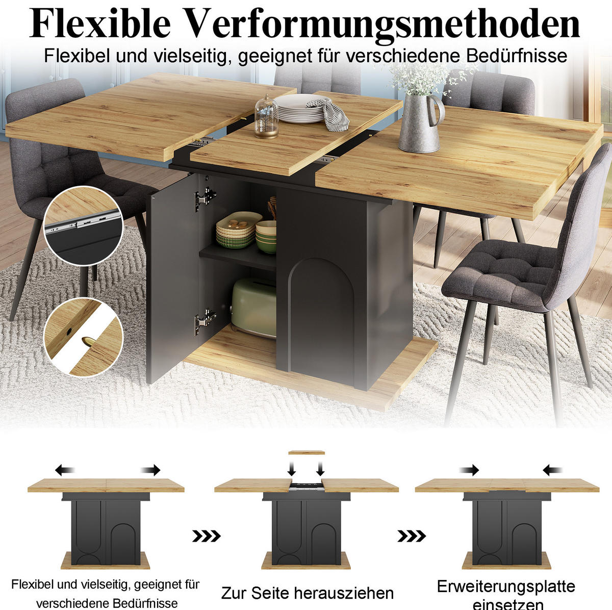 BLAGOVAONSKI stol 110-140/80/76 cm crni i prirodni od MDF-a i metala na razvlačenje s ormarićem - crna, drvni materijal (140/80/76cm) - OKWISH