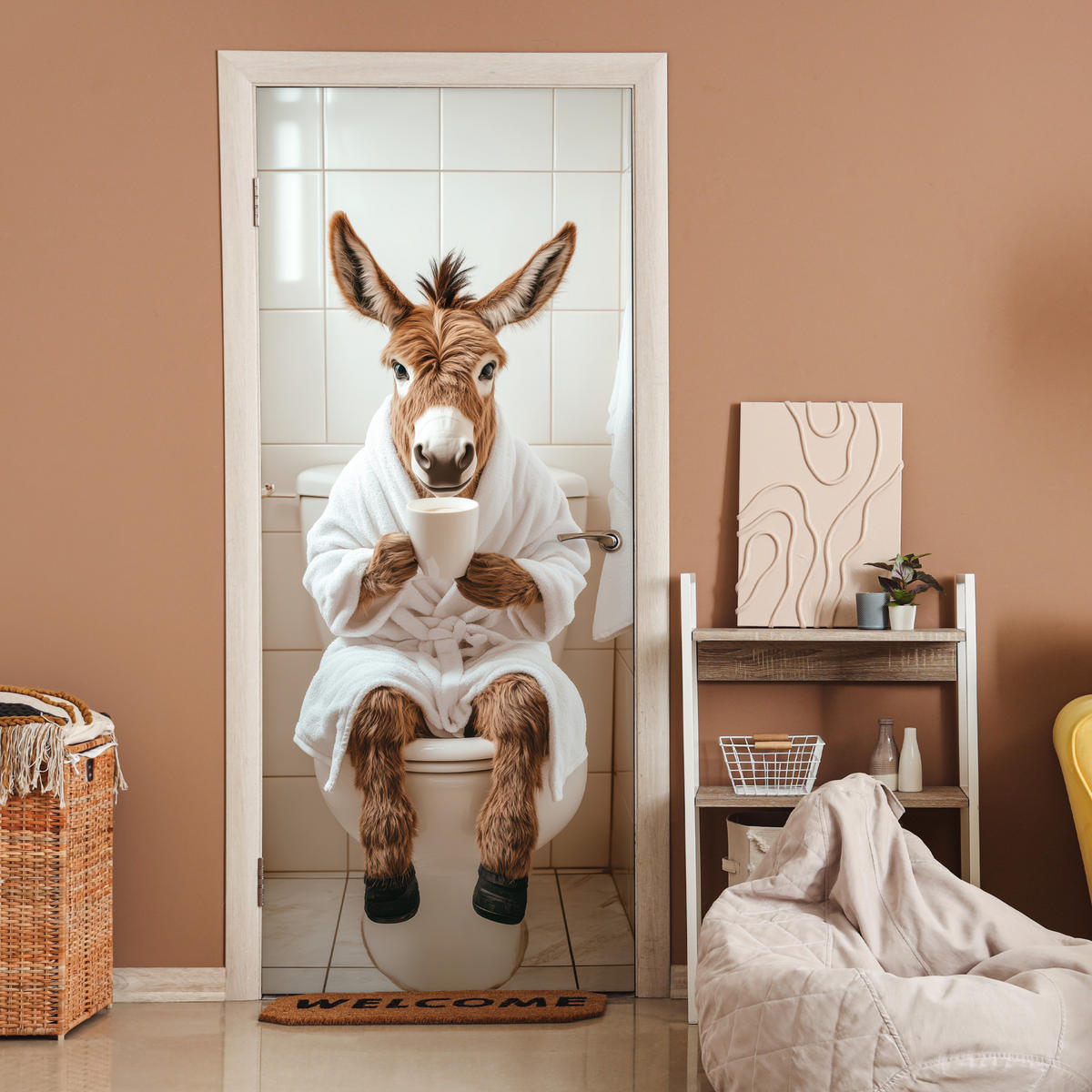 TÜRAUFKLEBER Selbstklebend - Esel - WC - Lustig - Bademantel - Tier 95x215 cm - Türtapete - Beige, Kunststoff (95/0.1cm) - MuchoWow