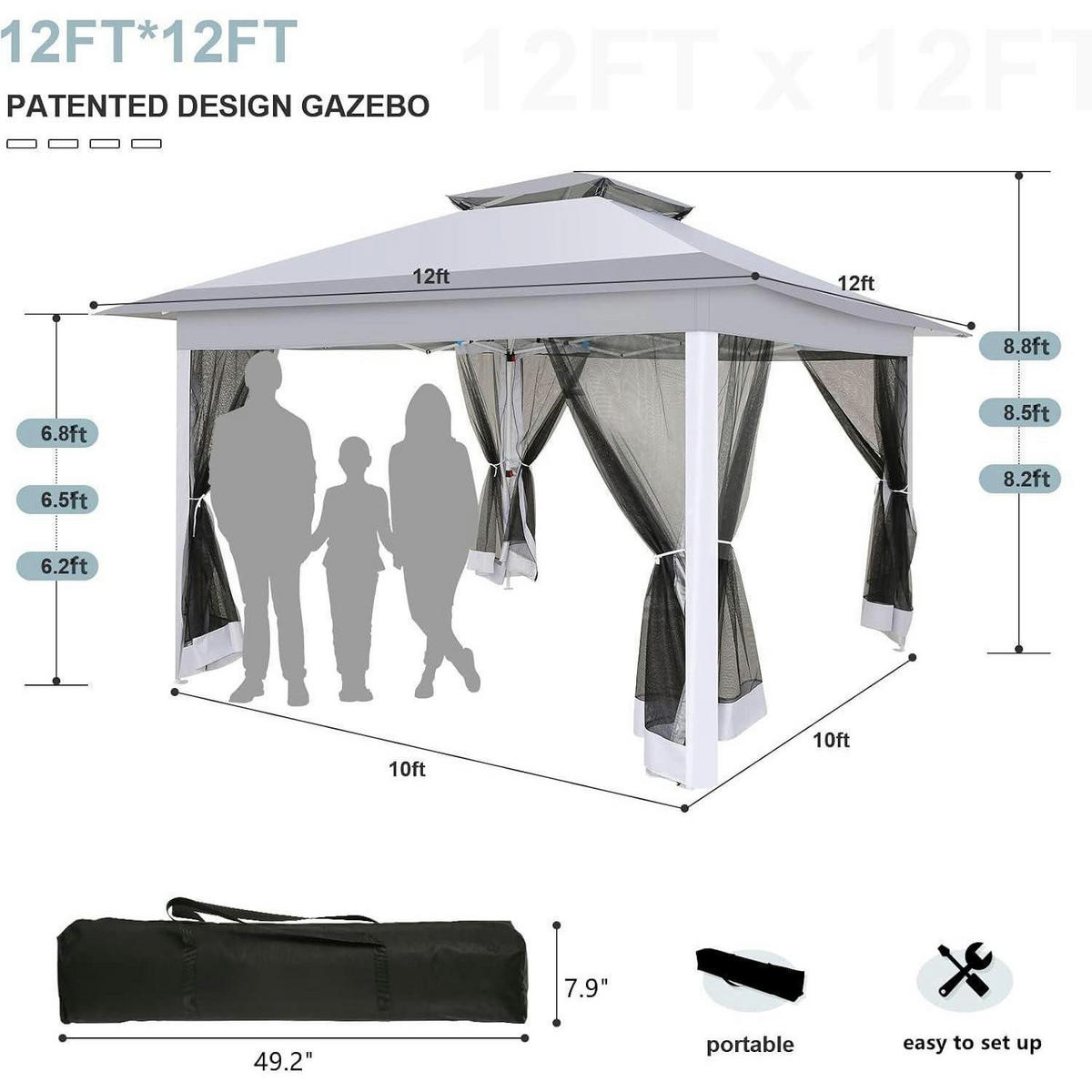 FALTPAVILLON Grau mit Moskitonetz 3,65 x 3,65 m - Grau, Metall (365/270/365cm)