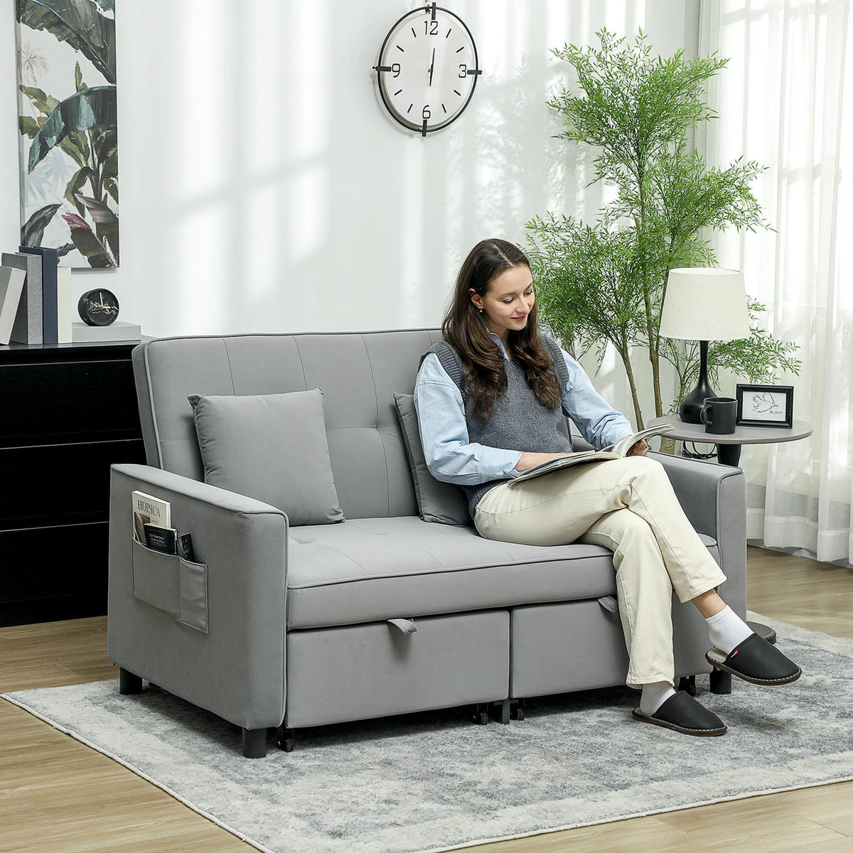 SCHLAFSOFA, 2-Sitzer Sofa mit Schlaffunktion, Verstellbare Rückenlehne, Rollen - Grau, Metall (90.5/89/140.5cm) - HOMCOM