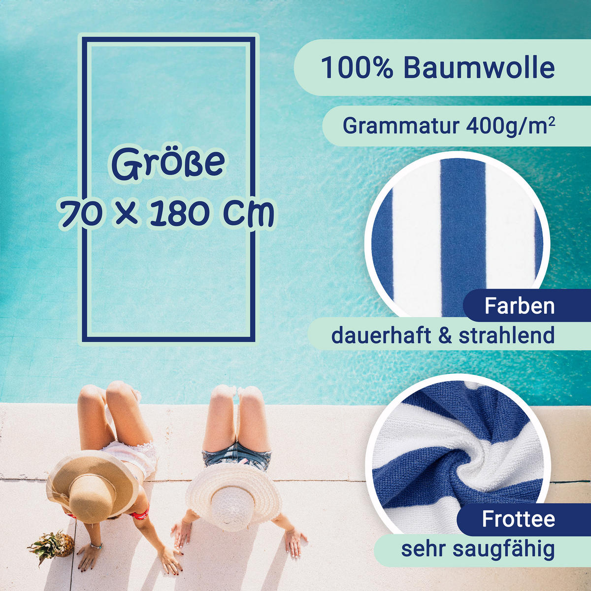 STRANDTUCH, 2er-Set, 70x180 cm, 100% Baumwolle, Blau - Blau, Textil (70/180cm) - Zollner