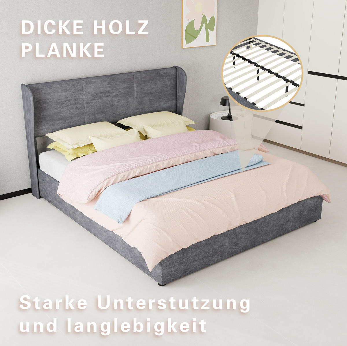 POLSTERBETT 160/200 cm mit gepolstertem Kopfteil und Bettkasten, Grau - Grau, Textil (160/200cm) - Redom