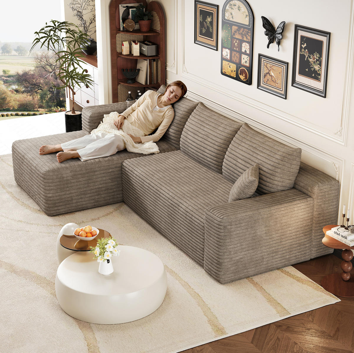 KUTNA sofa 241 cm camel od tkanine bez montaže s ležaljkom - svijetlo siva, tekstil (151/241cm) - OKWISH