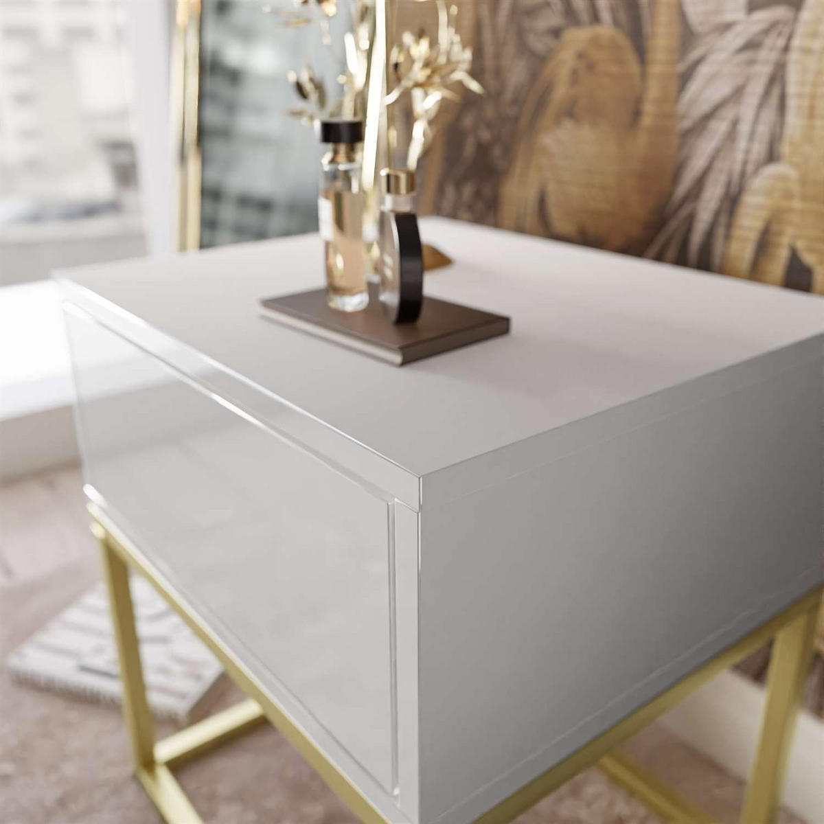 NACHTTISCH BLANCO GOLD II auf goldenem Gestell Weiß Hochglanz - Weiß Hochglanz, Holzwerkstoff (45/52/36.5cm) - Lookway