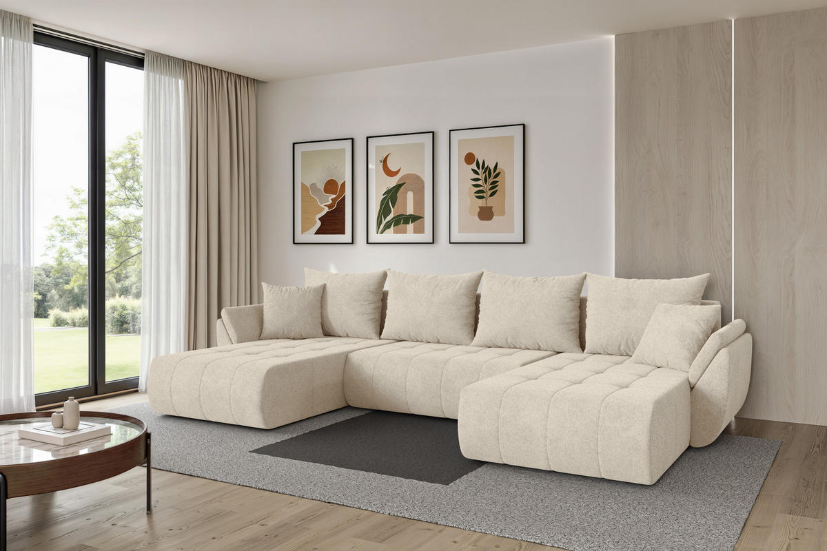SEDACÍ SOUPRAVA DO U s funkcí spaní a úložným prostorem TOKO-U 378x194x86 krémová velur - černá/krémová, kompozitní dřevo/textil (378/86/194cm) - ALTDECOR