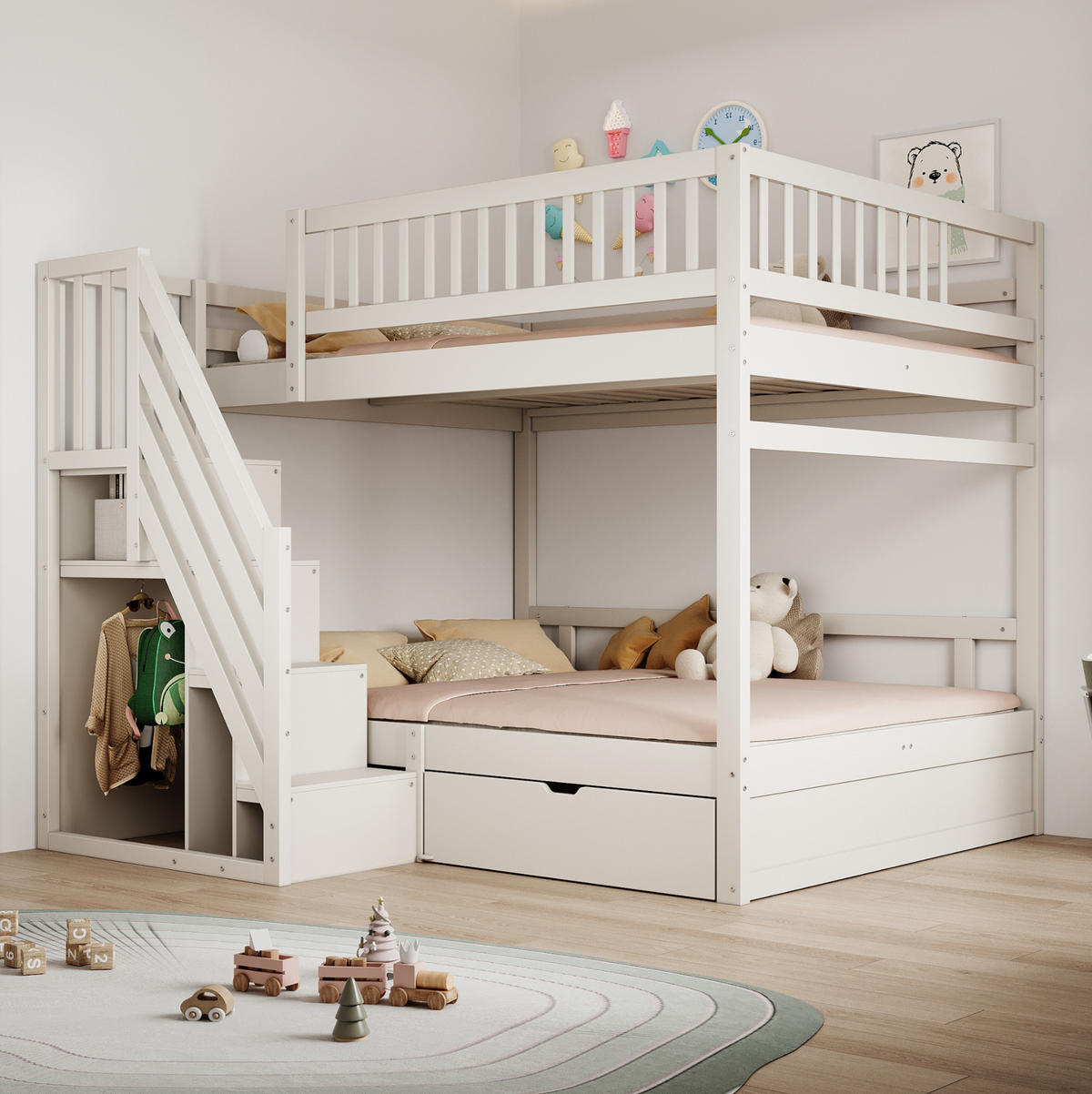 ETAGENBETT 140/200 cm mit Lattenrost, Stauraumtreppe und Schubladen, Weiß - Weiß, Holzwerkstoff (140/200cm) - Redom