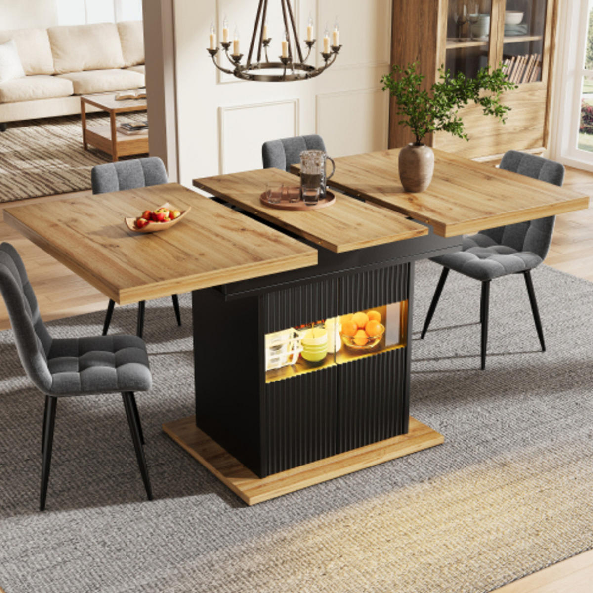 AUSZIEHBARER Esstisch 110-140×80×76 cm aus MDF und Metall mit Stauraum und integrierter LED-Beleuchtung, schwarz - Schwarz, Holzwerkstoff (140/80/76cm) - Luhomfu
