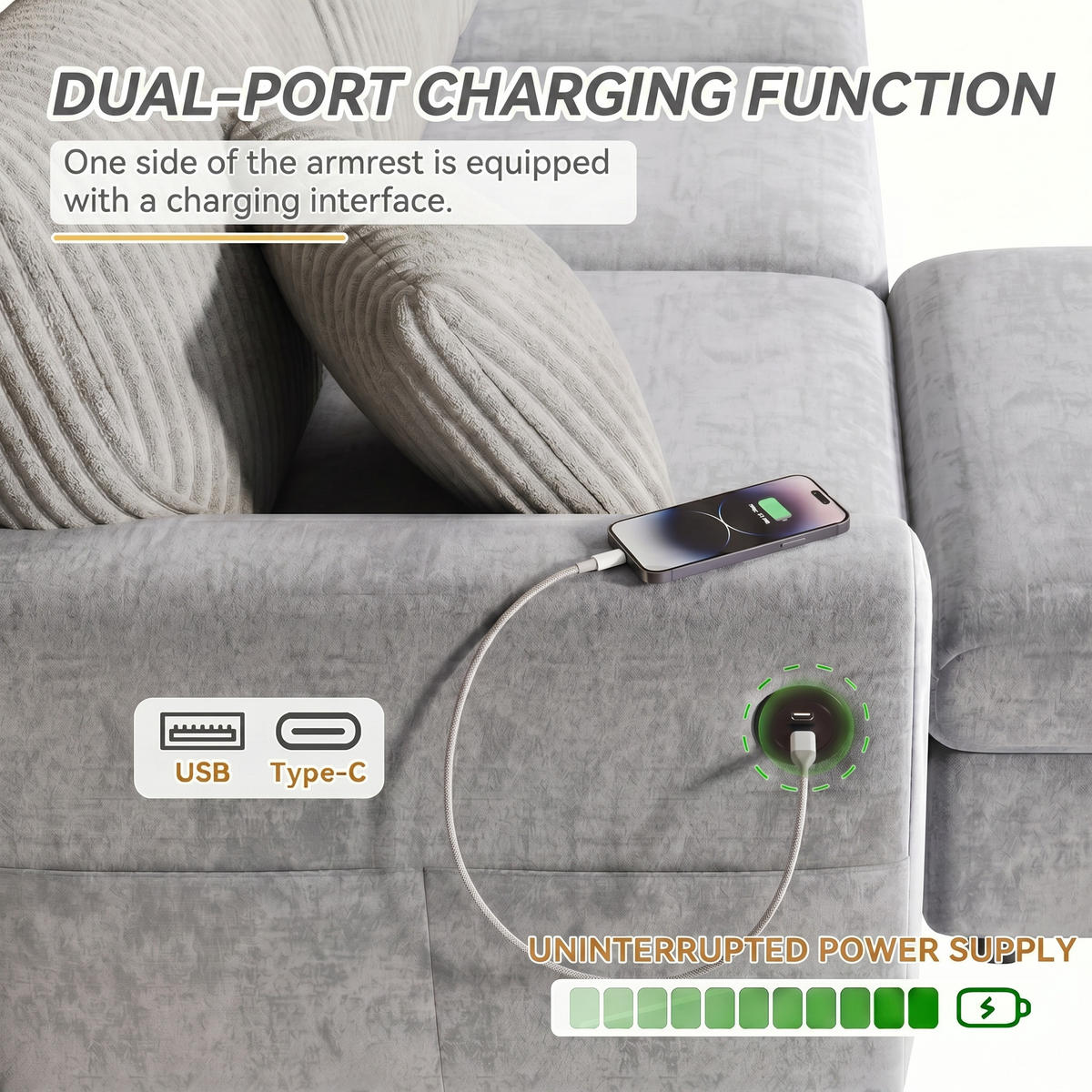 SOFA Grau USB Type-C Hocker 2 Kissen 223x146x84cm - Grau, Textil (146/223cm) - FLIEKS