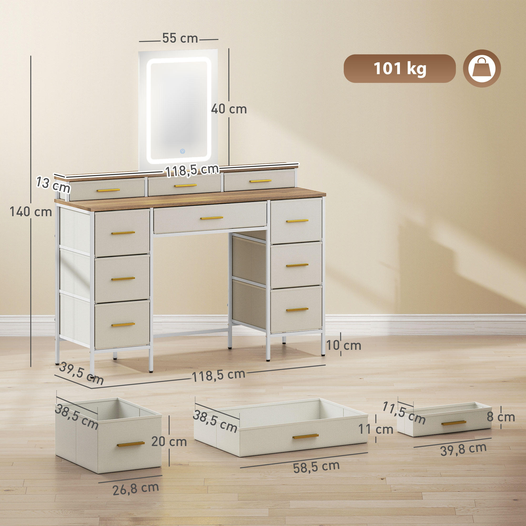 ComfortXL Schminktisch Natur 39.5x140x118.5 cm