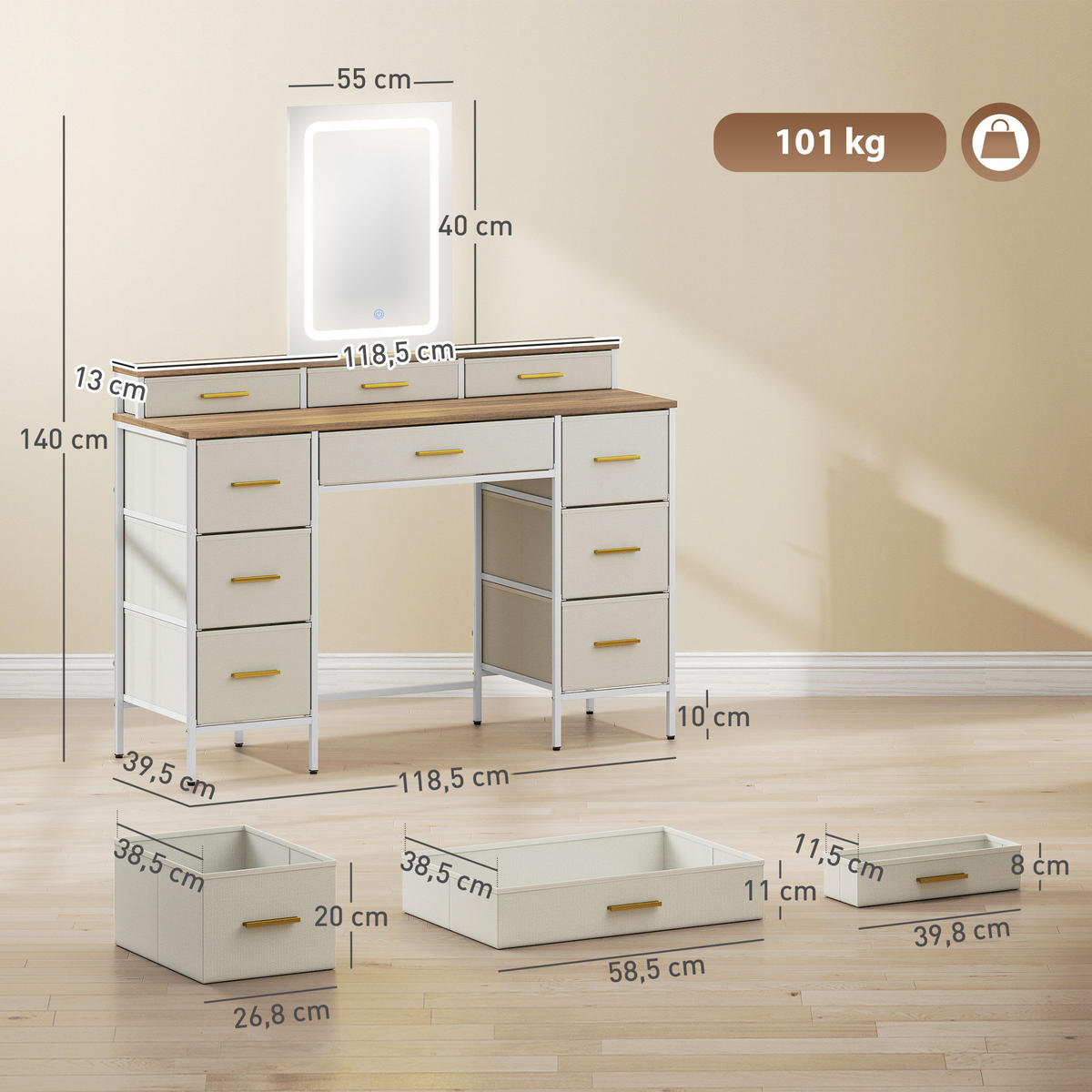 SCHMINKTISCH DE-18307 Natur - Naturfarben, Holzwerkstoff (39.5/140/118.5cm) - ComfortXL