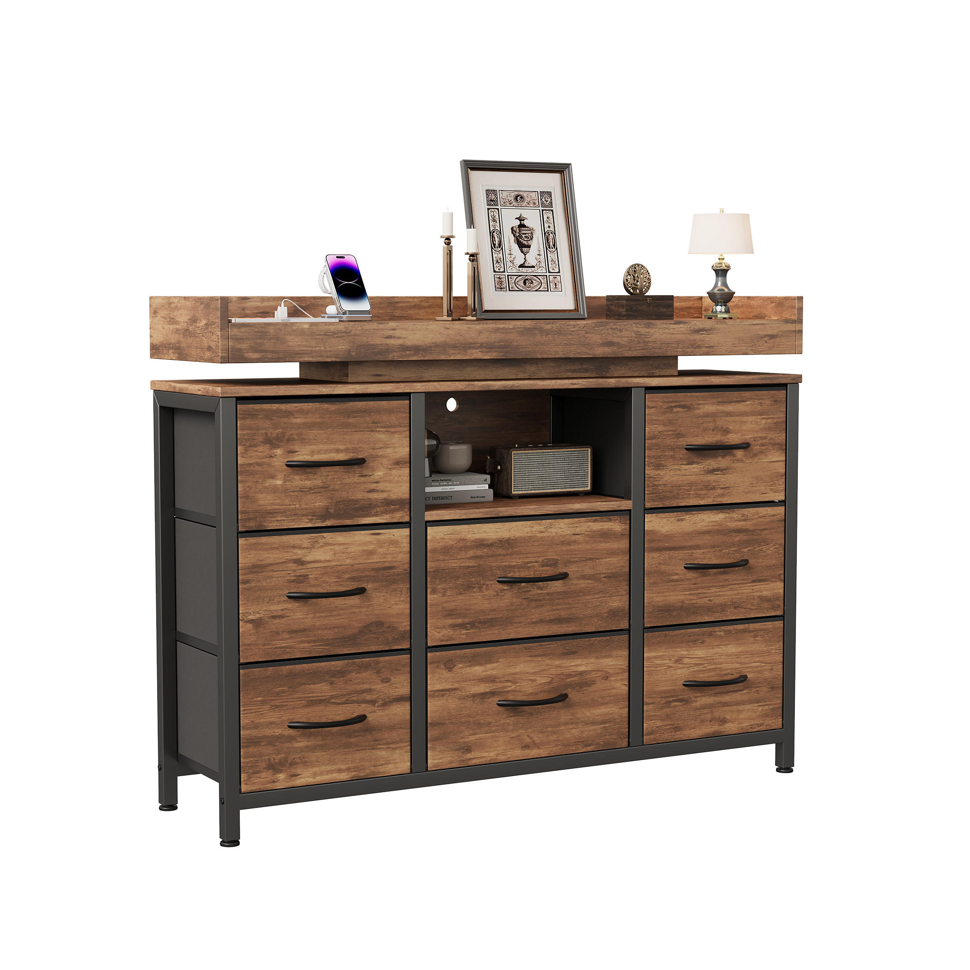 BYR&Aring; i vintage tr&auml;design med 8 tygl&aring;dor och LED-belysning Multicolor 82/30/108 cm