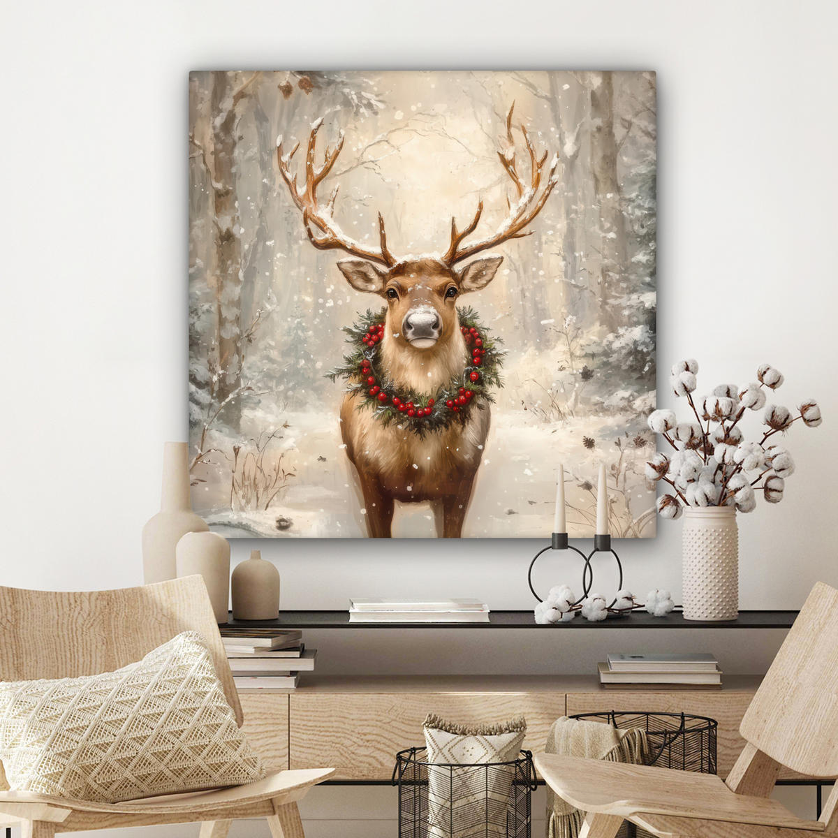 LEINWANDBILD Weihnachten - Rentier - Winter - Kranz Deko Groß 90x90 cm - Braun, Textil (90/90cm) - MuchoWow