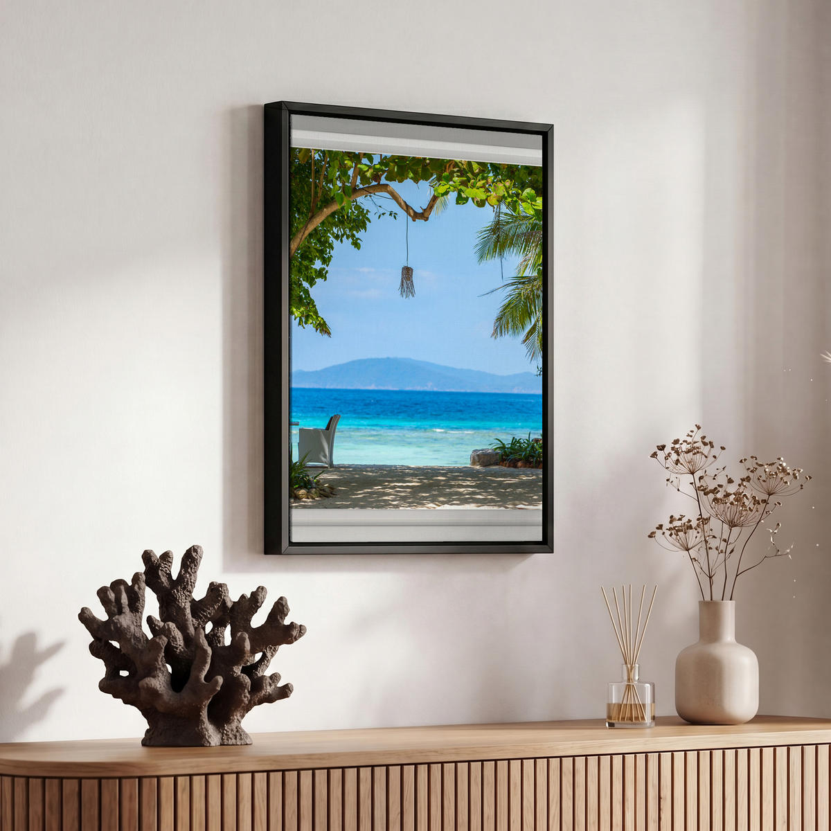 LEINWAND Bilder mit Rahmen - Aussicht - Baum - Meer - Palme - Hügel - Strand - Blau - 20x30 - Blau, Textil (20/30cm) - MuchoWow