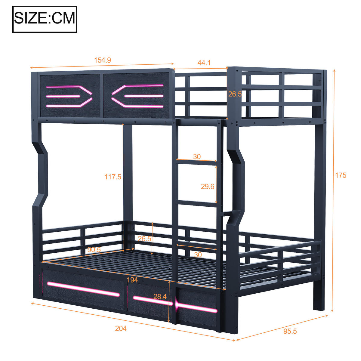 HOCHBETT 90x200 Schwarz Metall LED Sicherheitsgitter - Schwarz, Metall (90/200cm) - FLIEKS