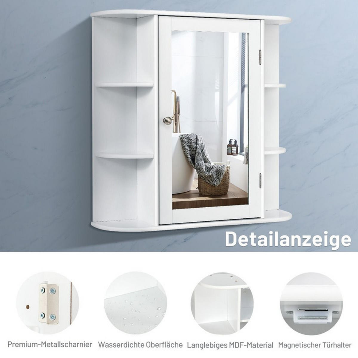 SPIEGELSCHRANK BAD mit 4 Fächern weiß - Weiß, Holzwerkstoff (66/62/16.5cm) - COSTWAY