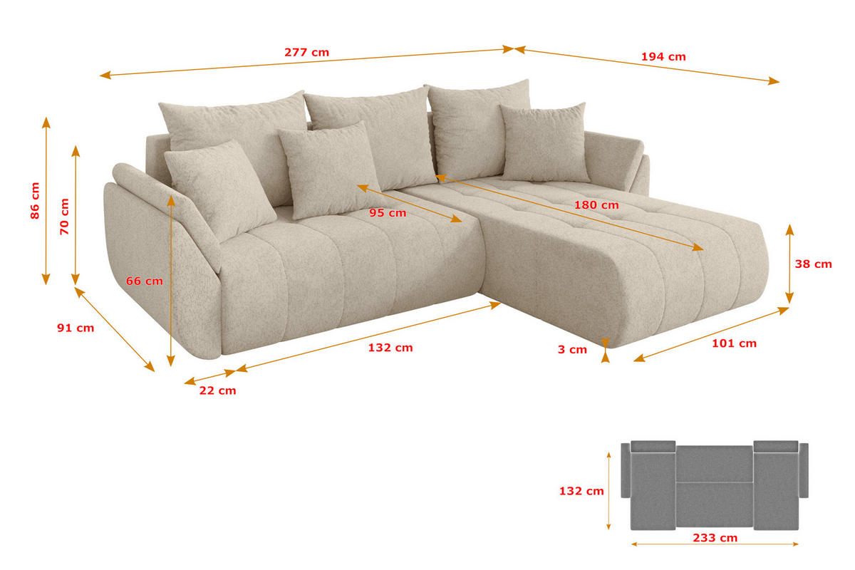 ROHOVÁ SEDAČKA s funkcí spaní, otoman vpravo TOKO-L 277x194x86 krémová velur - černá/krémová, kompozitní dřevo/textil (277/194cm) - ALTDECOR
