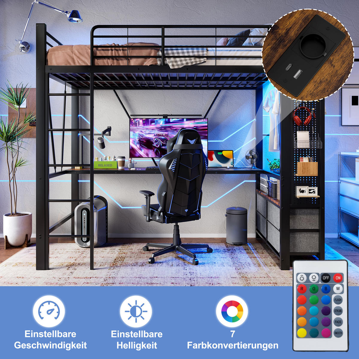 HOCHBETT 90/200 cm Schwarz mit Schreibtisch und LED-Beleuchtung - Schwarz, Metall (90/200cm) - OKWISH