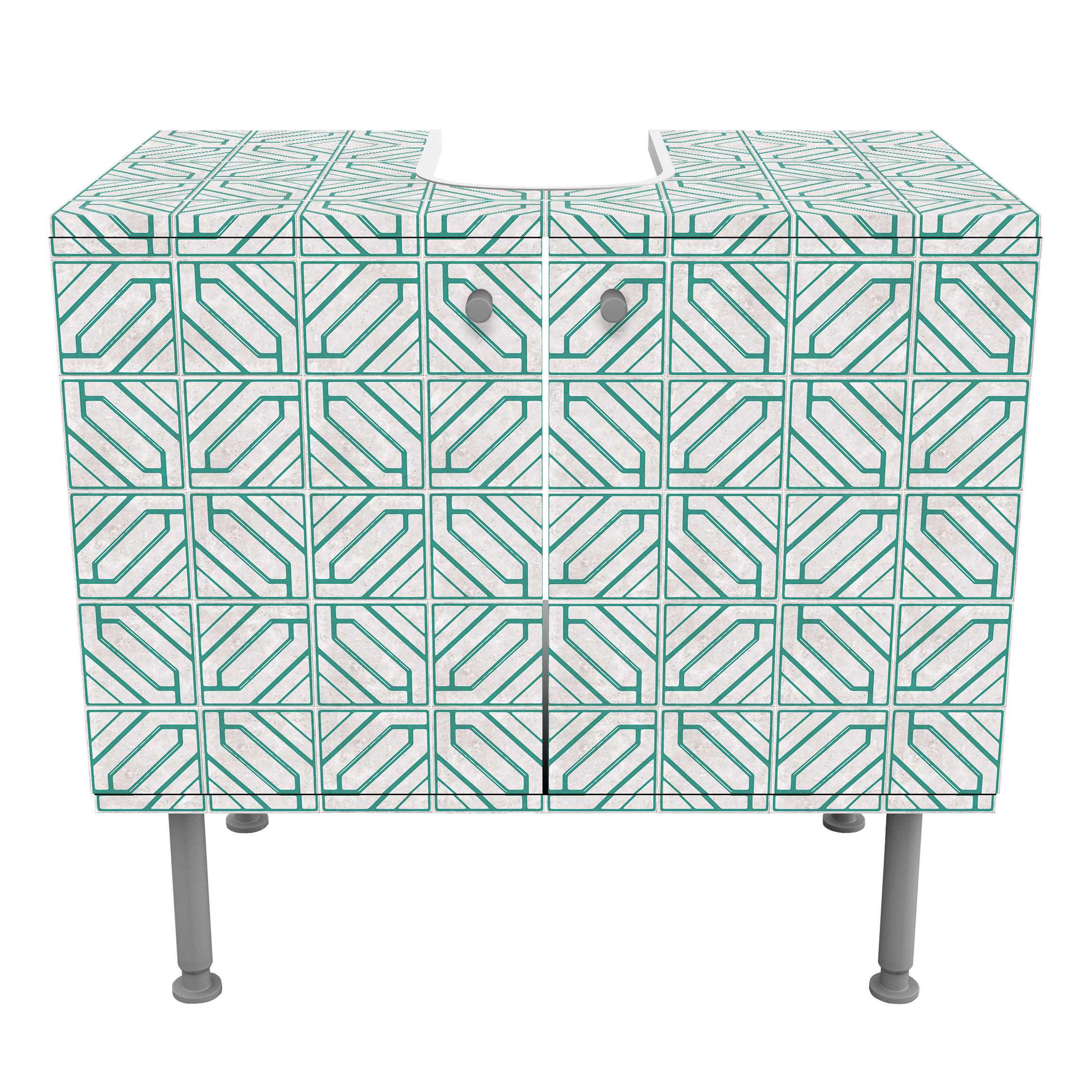 WASCHBECKENUNTERSCHRANK Fliesenmuster Rauten Geometrie türkis 60/55/35 cm - Türkis, Holzwerkstoff (60/55/35cm) - Bilderwelten