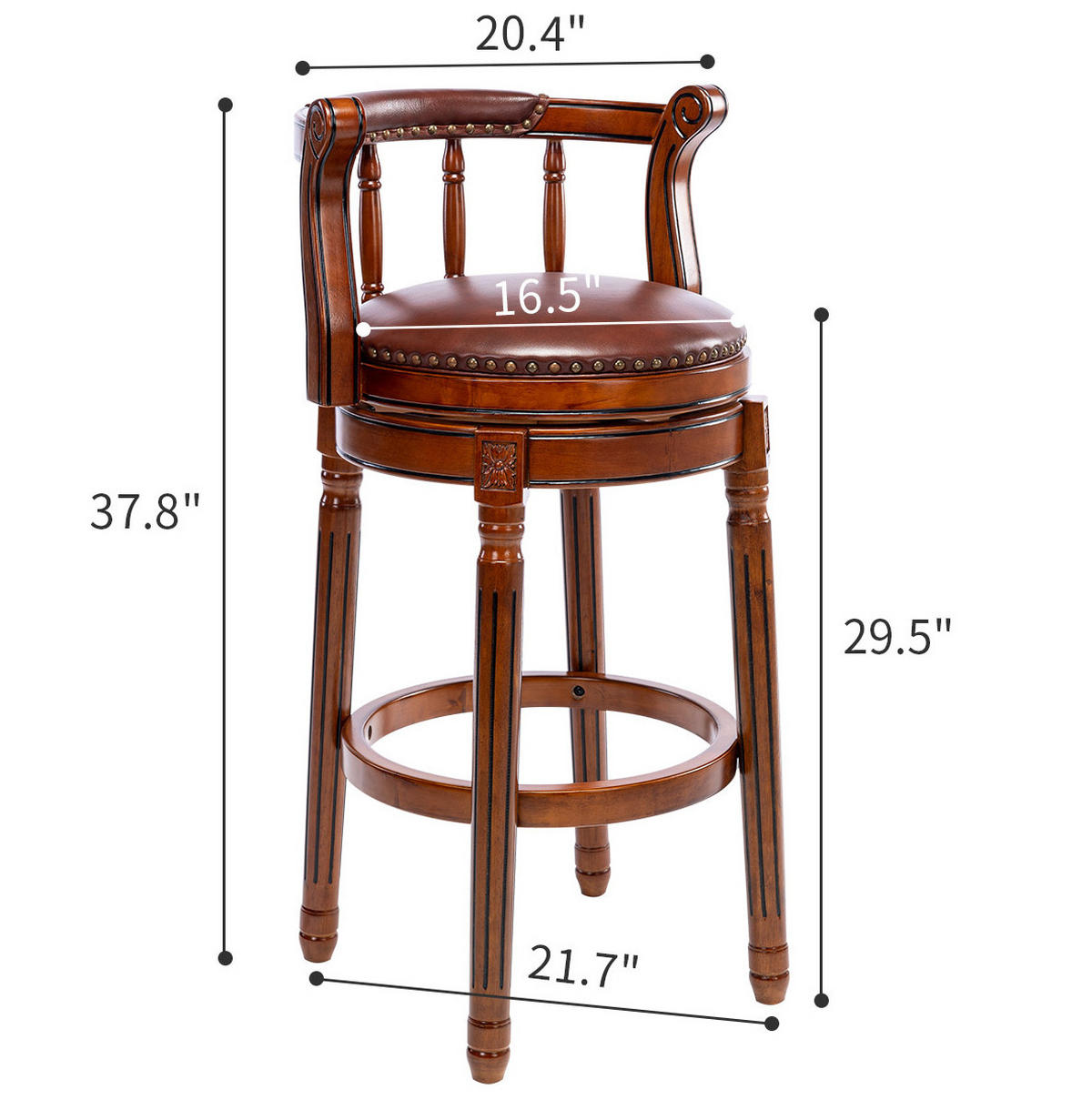 BARSTUHL drehbar mit Rückenlehne Sitzhöhe ca. 75 cm Leder Holz Braun - Braun, Holz (54.8/96/54.81cm) - Meubliv