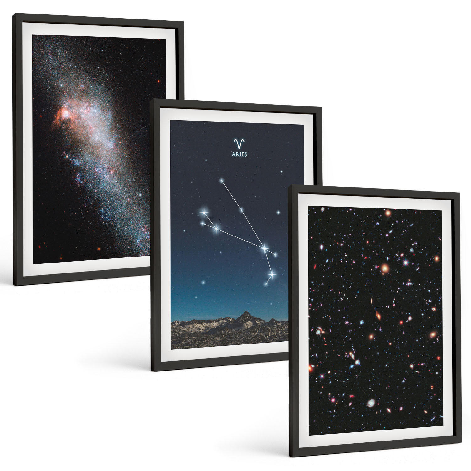 BILDER SET 3er Set - 40x60 cm Schwarzer Rahmen - Kosmische Landschaften von Galaxien - Schwarz, Kunststoff (40/60cm) - TULUP