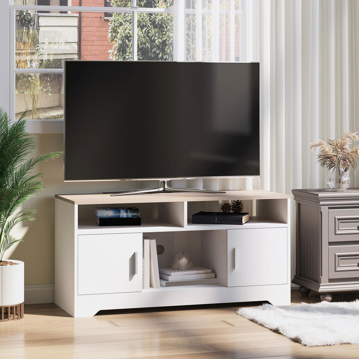 TV-LOWBOARD Weiß/Natur 105/40/52 cm, 2 Türen, Kabeldurchführung - Weiß, Holz (105/52/40cm) - PANGIVO