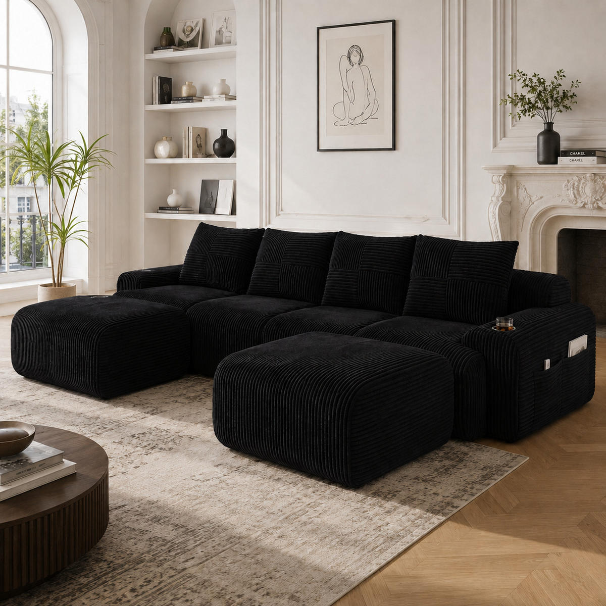 ECKSOFA mit frei kombinierbaren Modulen, zwei Hockern, Getränkehalter und seitlicher Tasche in Schwarz - Schwarz, Textil (333/174cm) - EVRYAE