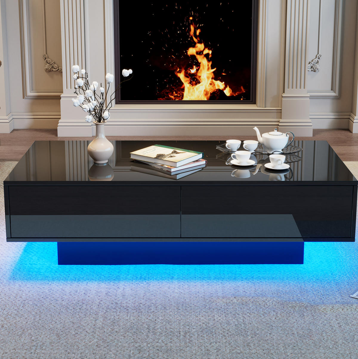 COUCHTISCH 115/55/34 cm schwarz hochglänzend mit 2 Schubladen und LED-Beleuchtung - Schwarz, Holzwerkstoff (115/55/34cm) - OKWISH