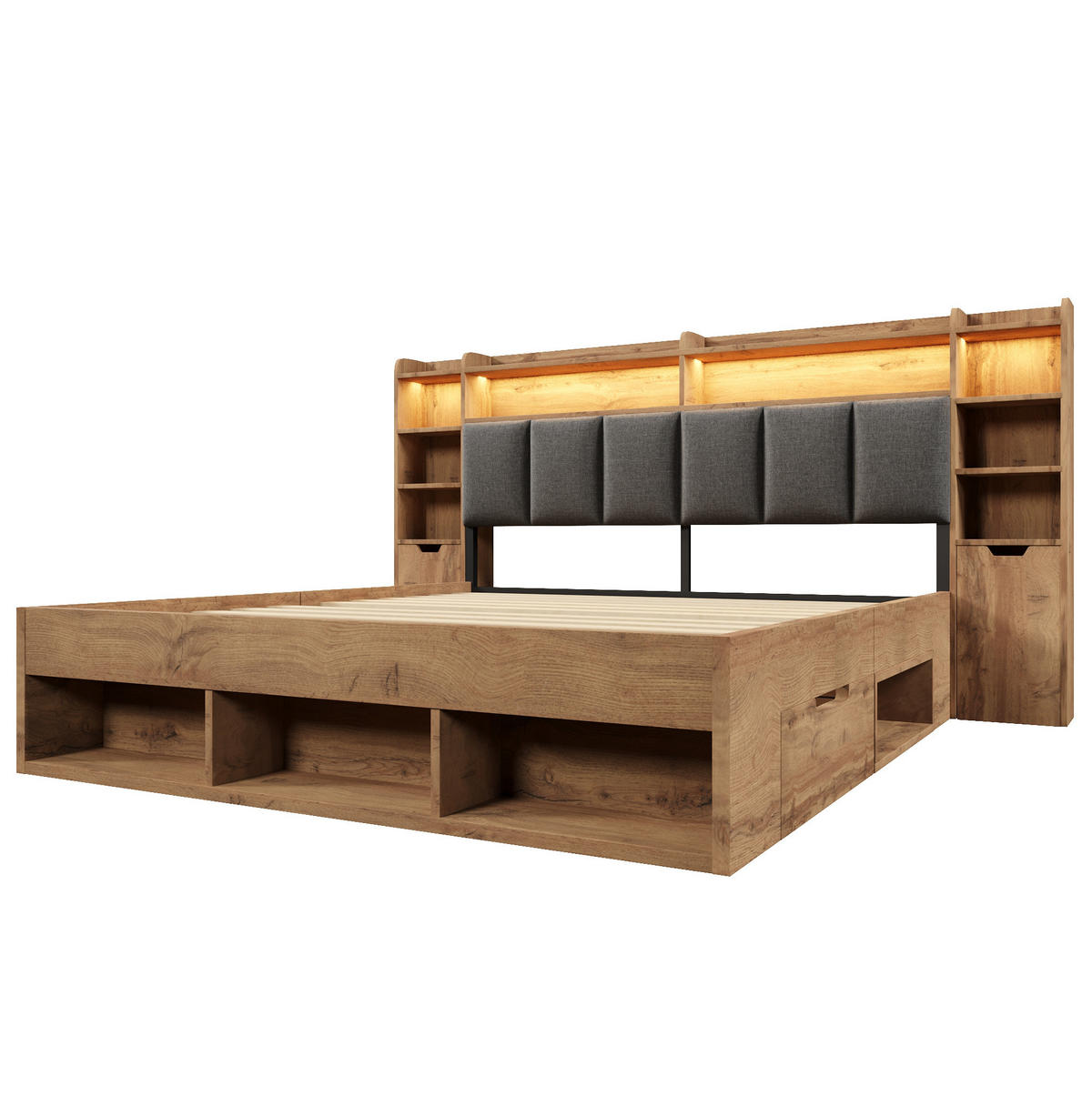 POLSTERBETT 160/200 cm Eichefarben mit LED-Beleuchtung, USB-Anschlüssen, Stauraum und Rollschubladen - Naturfarben, Holz (160/200cm) - OKMYHOME