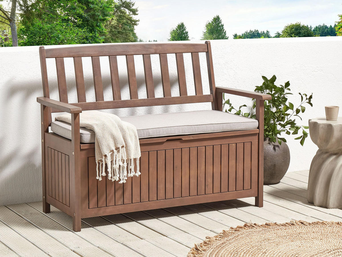 GARTENBANK Akazienholz dunkelbraun mit Stauraum Auflage hellgrau Sovana 120 cm - Hellgrau/Braun, Holz (120/91/60cm) - Beliani