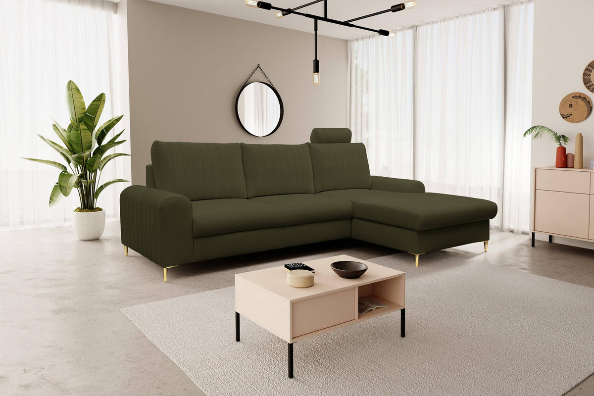 ECKSOFA VERONA R-S Grün Geflochtener Stoff mit Schlaffunktion - Grün, Holz (251/164cm) - MASSENO