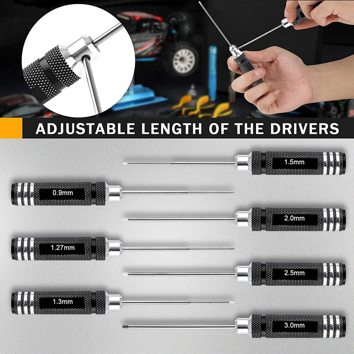 SCHRAUBENDREHER-SET-DIY,EIN Set aus 7 Sechskantschraubendrehern (0,9/1,27/1,3/1,5/2,0/2,5/3,0 mm) - Schwarz, Metall (1.8/1.8/17.3cm) - LIBRATON