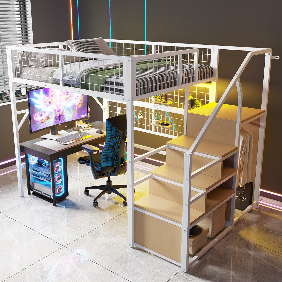 HOCHBETT 140x200 Weiß Metall LED Stauraum Treppe - Weiß, Metall (140/200cm) - FLIEKS