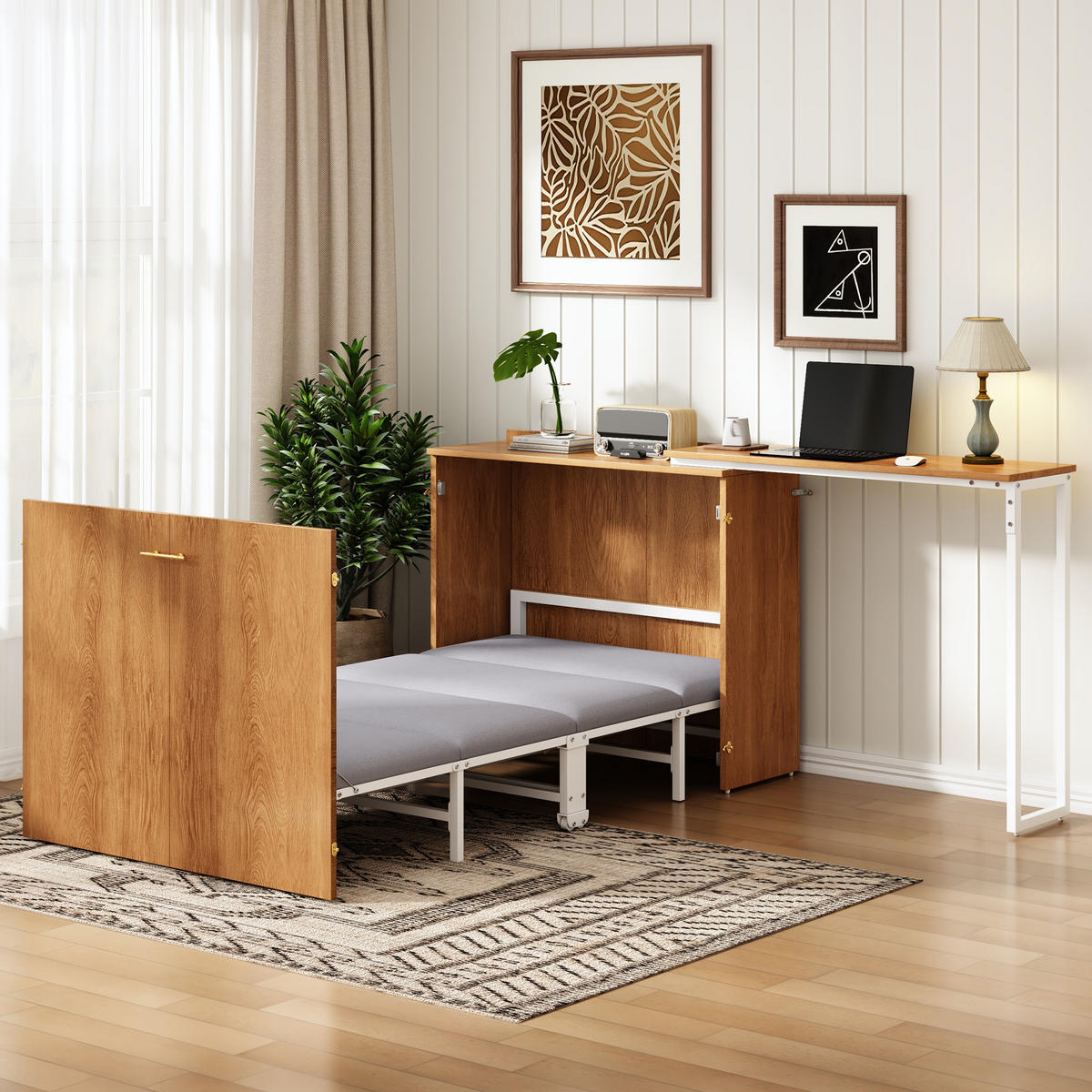 KLAPPBETT 90/200 cm in Natur mit Drehschreibtisch und Rollen - Naturfarben, Holzwerkstoff/Textil (90/200cm) - CHICFURN