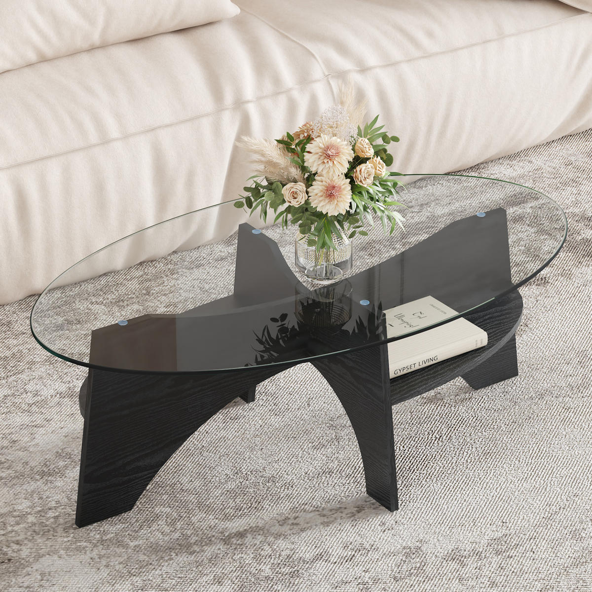 COUCHTISCH 104,9/60/35,6 cm mit Sicherheitsglasplatte und fächerförmigem MDF-Gestell, Schwarz/Transparent - Schwarz, Holzwerkstoff (104.9/60/35.6cm) - Redom