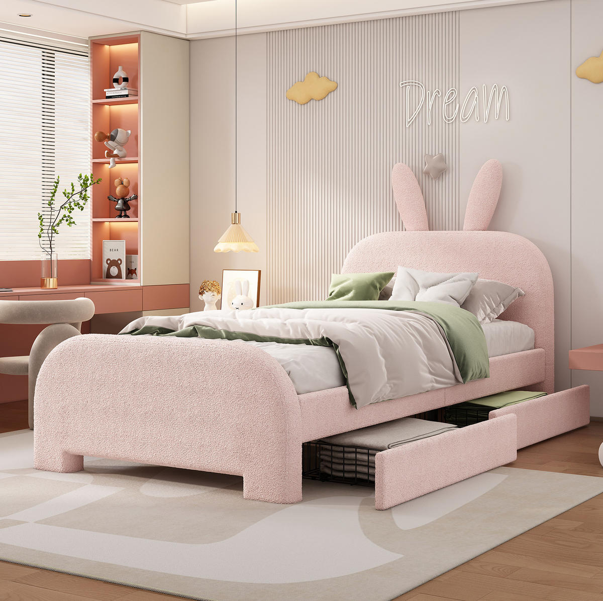 BETT 90/200 cm Rosa aus Plüsch und MDF mit 2 Schubladen - Rosa, Textil (90/200cm) - OKMYHOME