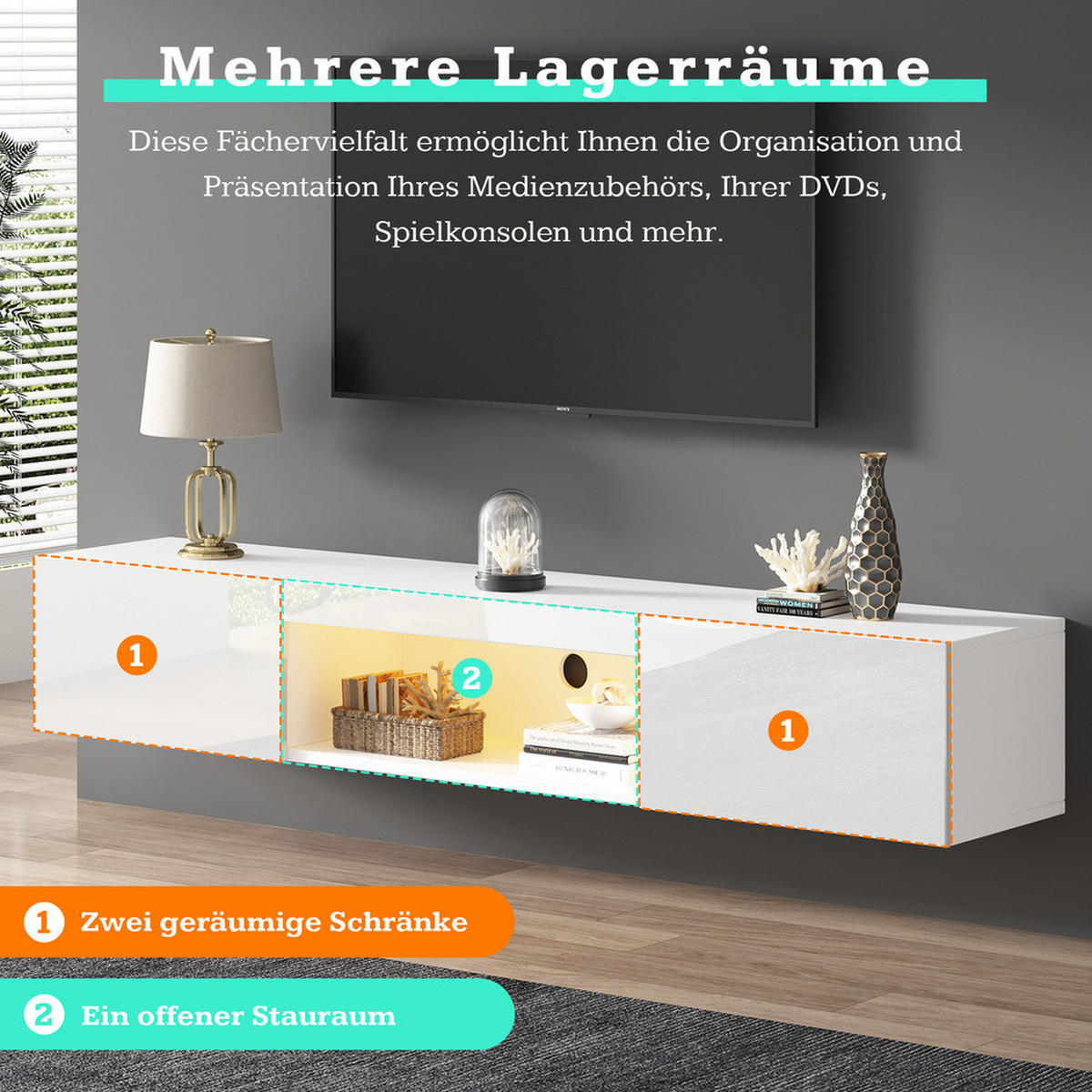 TV-SCHRANK 160x31cm wandmontierbar Hochglanzweiß LED bis 70 Zoll 30KG - Weiß, Holz (39.5/13/170.5cm) - FLIEKS