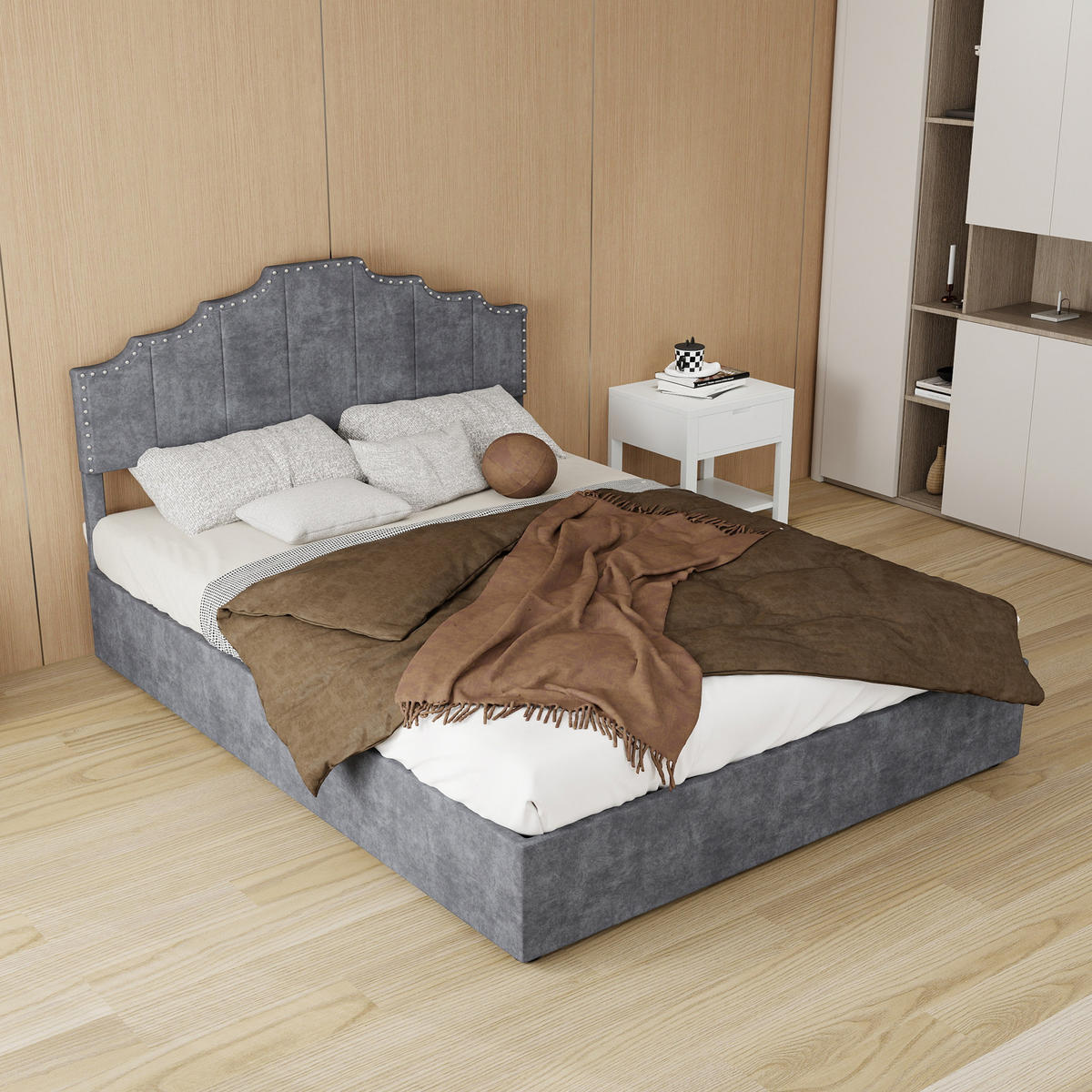 POLSTERBETT 140/200 cm in Grau Stoff mit Matratze und Kopfteil im geometrischen Design - Grau, Holzwerkstoff/Textil (140/200cm) - STILVORA