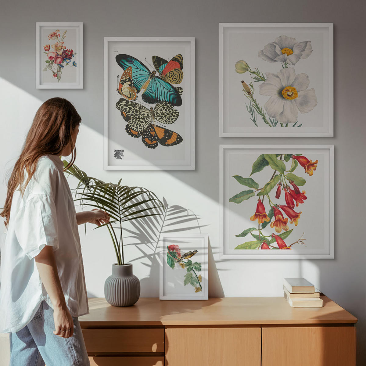 BILDER SET 5er Set - 50x50 cm & 20x30 cm & 40x60 cm Weißer Rahmen - Blumen, Schmetterlinge, Vögel, Pastellfarben - Weiß, Kunststoff (40/60cm) - TULUP