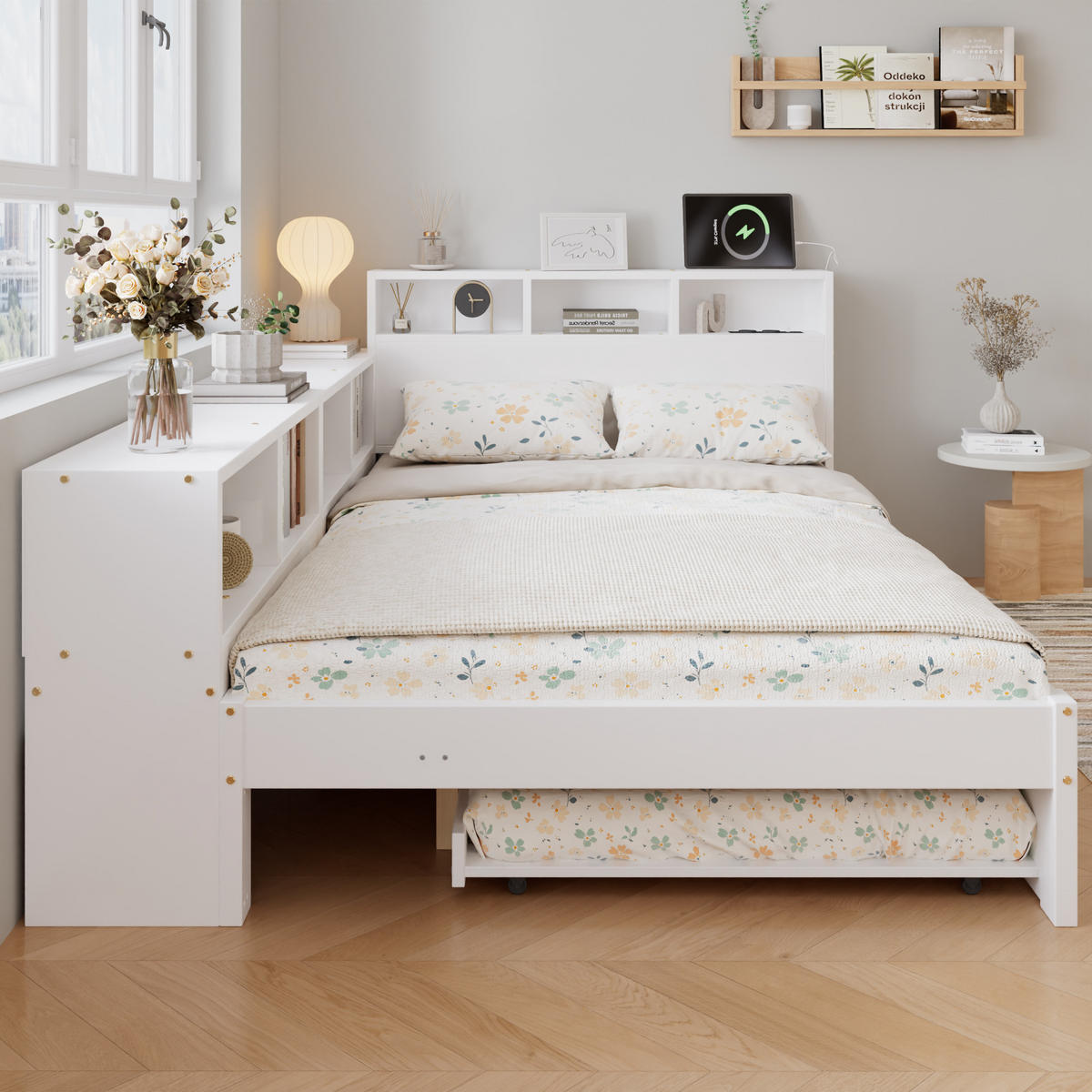 BETT 120/200 cm in Weiß mit Ausziehbett, Stauraumregal, Kopfteilablage und Ladestation - Weiß, Holzwerkstoff (120/200cm) - STILVORA