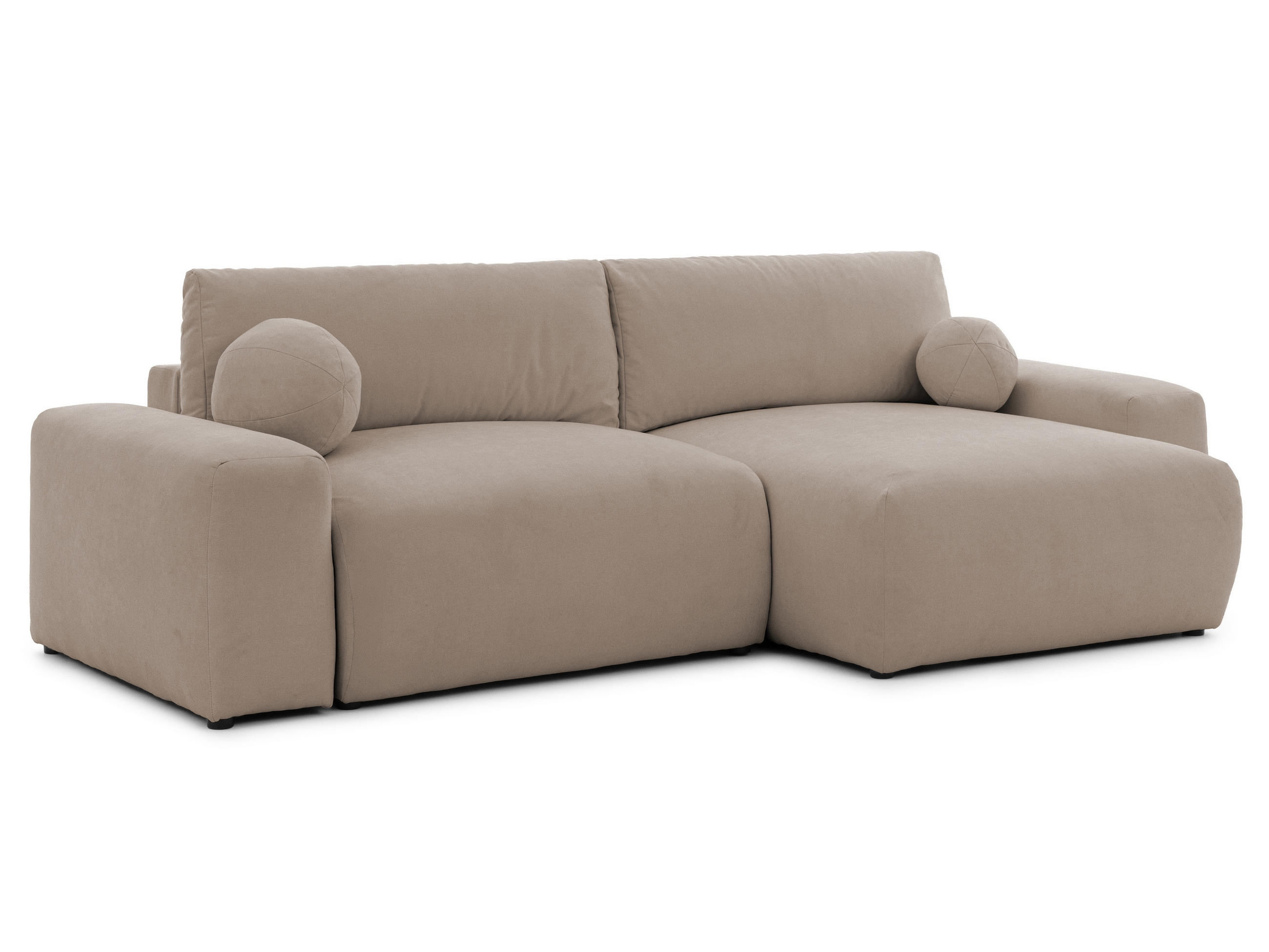 ECKSOFA Puffy mit Schlaffunktion und Bettkasten - besonders weich und puffig aus Greige Webstoff - Ottomane rechts - Greige/Schwarz, Holz/Kunststoff (266/138cm) - S-Style Möbel