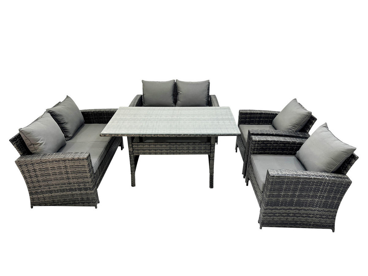 GARTENMÖBELSET mit 2 Sesseln,2 Zweisitzer,Esstisch Polyrattan Dunkelgrau 6-Sitzer - Dunkelgrau/Grau, Glas/Kunststoff - Fimous