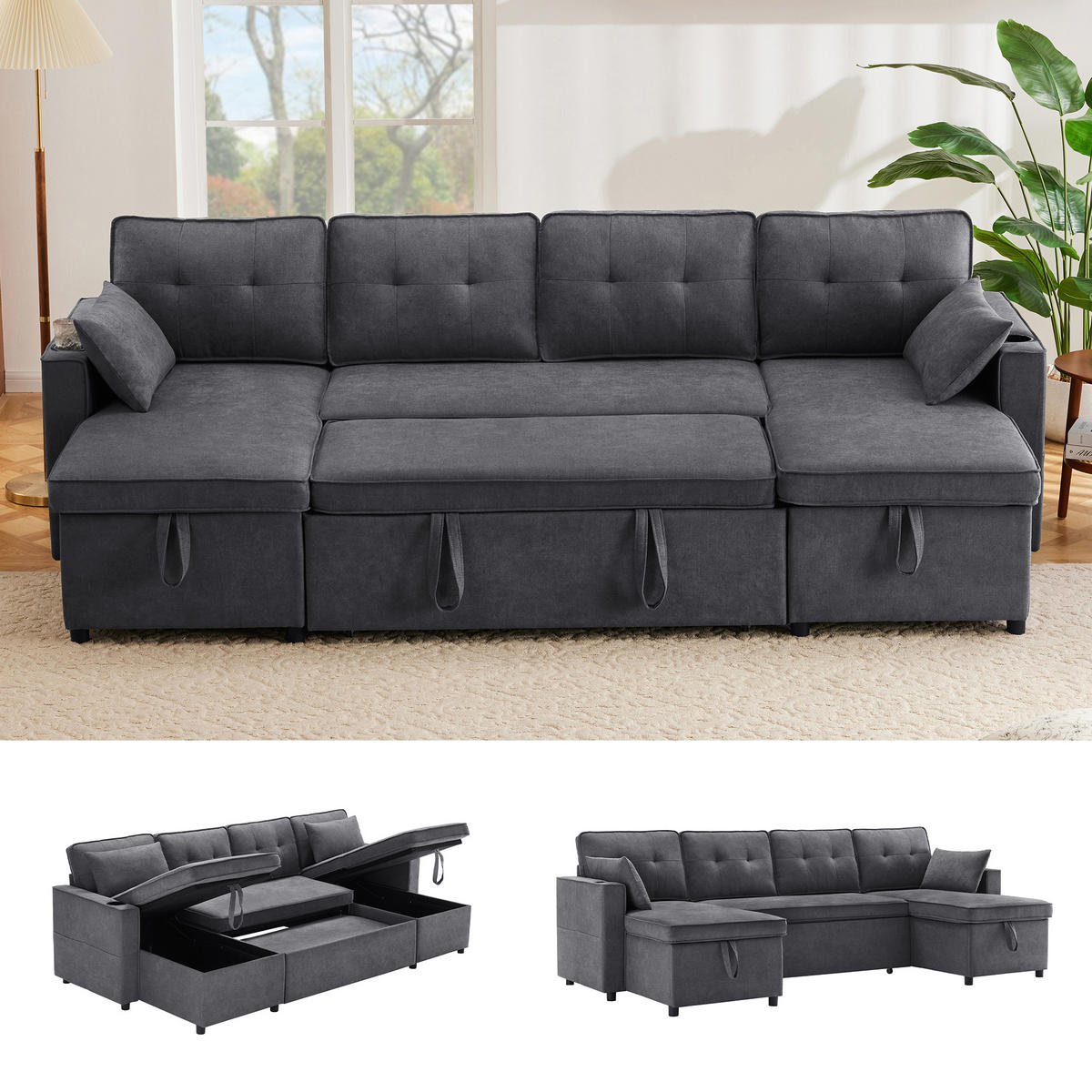 ECKSOFA U-Form Bettfunktion Baumwoll-Leinen Getränkehalter Stauraum Grau - Grau, Holz (123.01/19.71/65.51cm) - FLIEKS