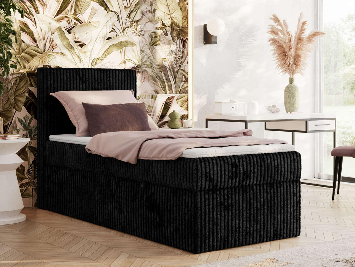 BOXBETT TILIANO 90/200 - Schwarz Cord - H4 - Visco Topper - Links - Schwarz, Textil (90/200cm) - MKS