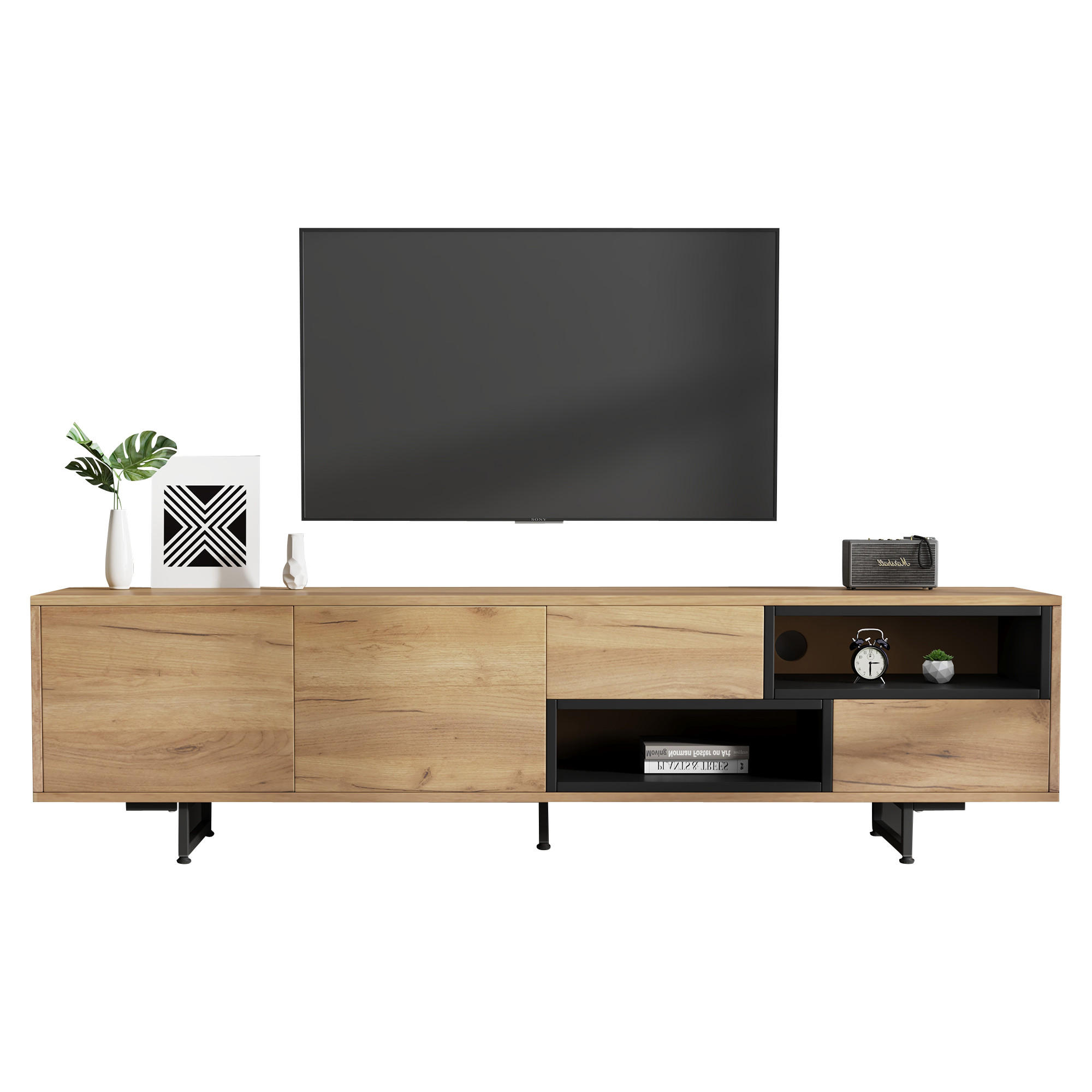 TV-SCHRANK 173/38/48 cm Naturholzfarbig Spanplatte mit 2 Türen und offenen Ablagefächern - Naturfarben, Holzwerkstoff (173/48/38cm) - OKWISH